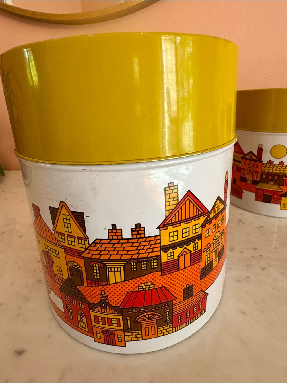 Vintage Yellow, Orange and Pea Green Village Scene Nesting Canister Set of 4